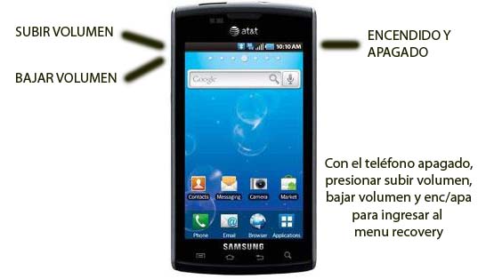 Accediendo al menú download y recovery Samsung Captivate